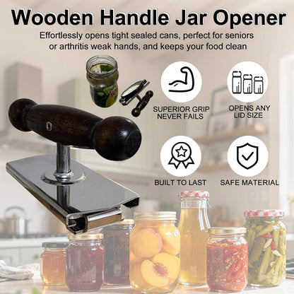 Heavy-Duty Cap Crack Jar Opener for Senior & Weak Hand - Strong Grip Oak Wood Handle & 304 Stainless Steel, Adjustable Manual Leverage Lid Remover for 1.5"-4" Jars [Clamp on Lid to Open]