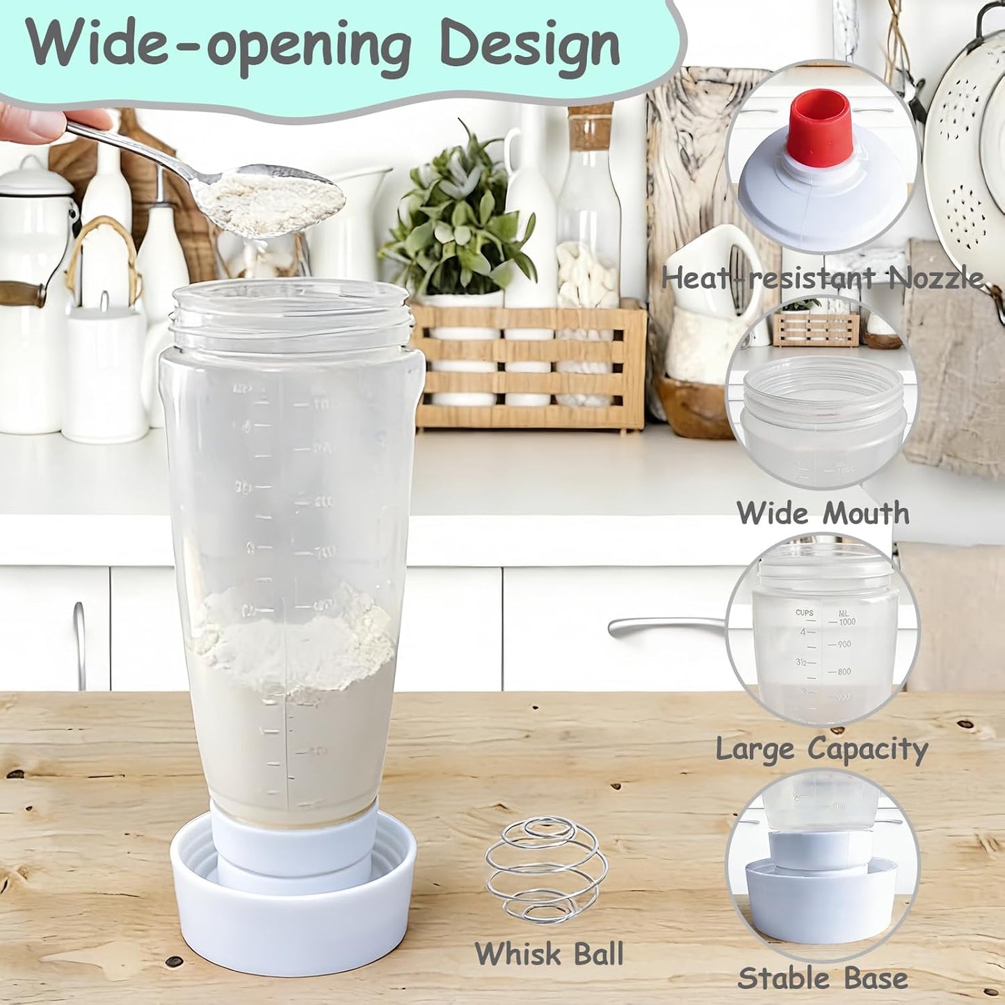 Pancake Batter Dispenser with Wire Whisk, BlenderBall, Silicone Spatula and Brush, Cleaning Brush, 1000 ML Large Capacity Leak-Proof Design for Pancakes Waffles Muffins and Crepes
