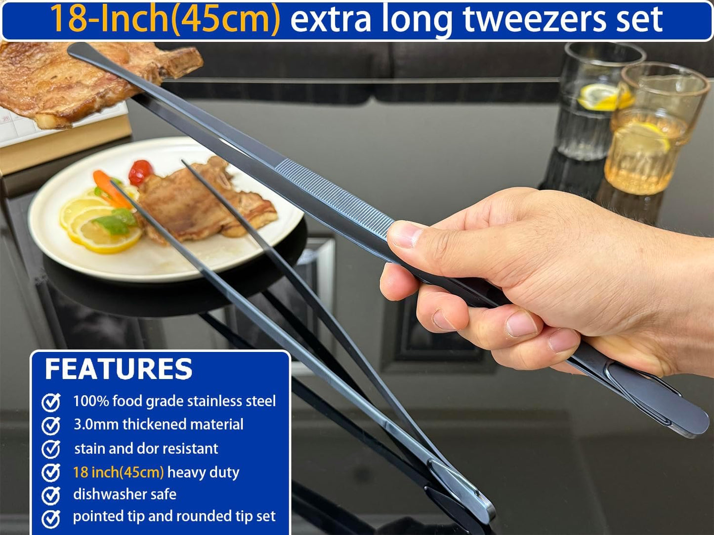 JETKONG 2 Pcs 12-Inch Kitchen Tweezers Fine Tweezer Tongs, Extra-Long Stainless Steel Cooking Tweezers (Silver)