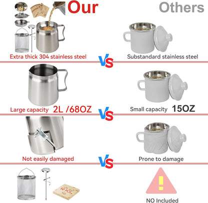 6 PCS 2L Oil Filter Pot Bacon Grease Saver with Strainer,68oz Large Capacity Fryer Pot with Basket,Cooking Thermometer & 50 Wax Papers,Stainless Steel Fryer for Kitchen Camping
