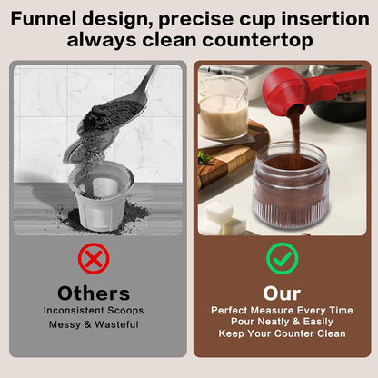 2-in-1 Coffee Scoop with Funnel, 2 Teaspoon Measuring Spoon for Reusable K Cups, Ground Coffee, Protein Powder & Tea, Mess-Free Plastic Design (Pink)
