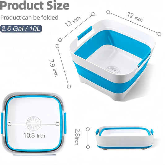 2.6 Gal/10L Collapsible Wash Basin with Drain Plug, Portable Foldable Dish Tub, Large Capacity Space-Saving Sink for Baby Bottles, RV, Camping, Kitchen, Travel & Outdoor Use
