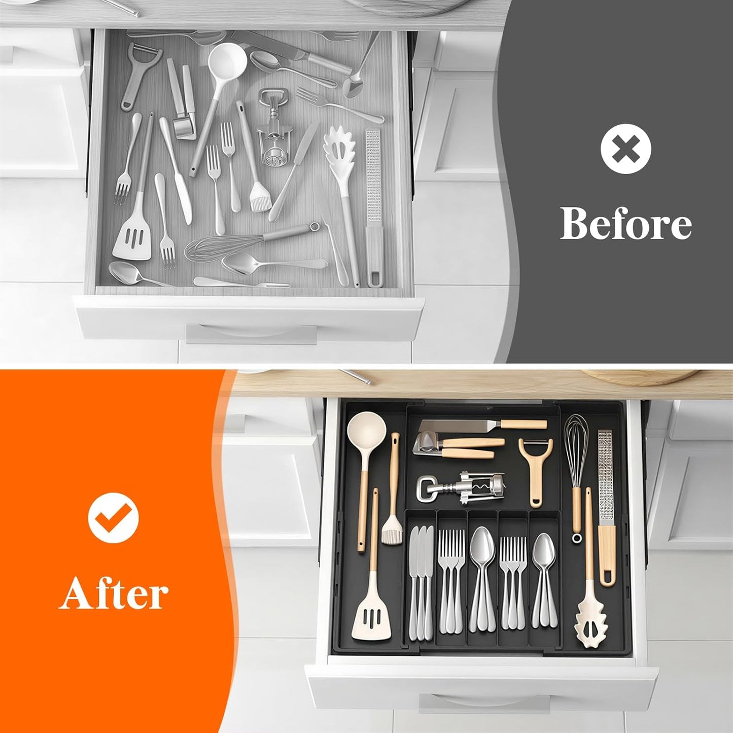 Lifewit Silverware Drawer Organizer, Expandable Utensil Tray for Kitchen, BPA Free Flatware and Cutlery Holder, Adjustable Plastic Storage for Spoons Forks Knives, 4-7 Slots, Black