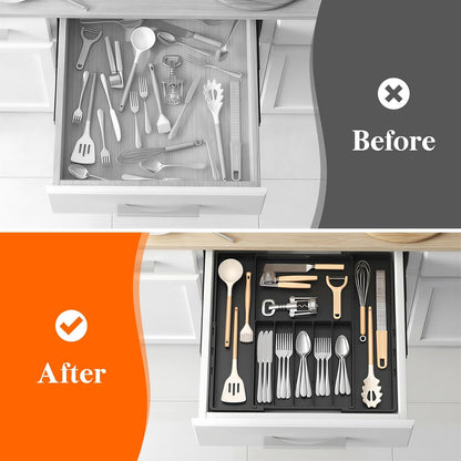 Lifewit Silverware Drawer Organizer, Expandable Utensil Tray for Kitchen, BPA Free Flatware and Cutlery Holder, Adjustable Plastic Storage for Spoons Forks Knives, 4-7 Slots, Black