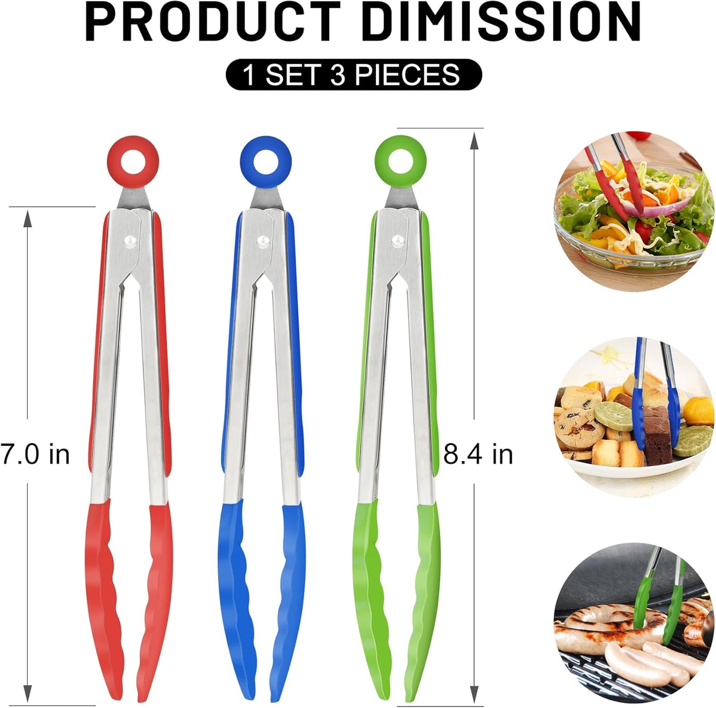 Hotec Silicone Kitchen Tongs for Cooking 9-Inch Serving Tongs with Silicone Tips, Set of 3 (Gradient Blue)