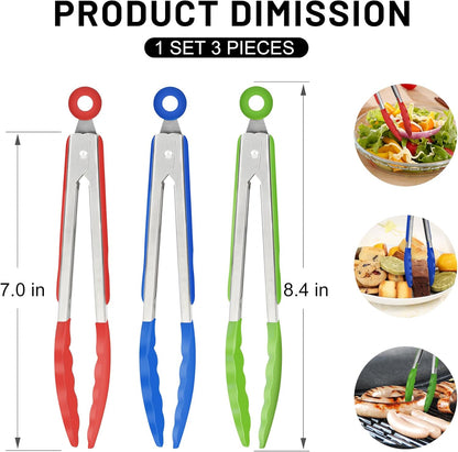Hotec Silicone Kitchen Tongs for Cooking 9-Inch Serving Tongs with Silicone Tips, Set of 3 (Gradient Blue)