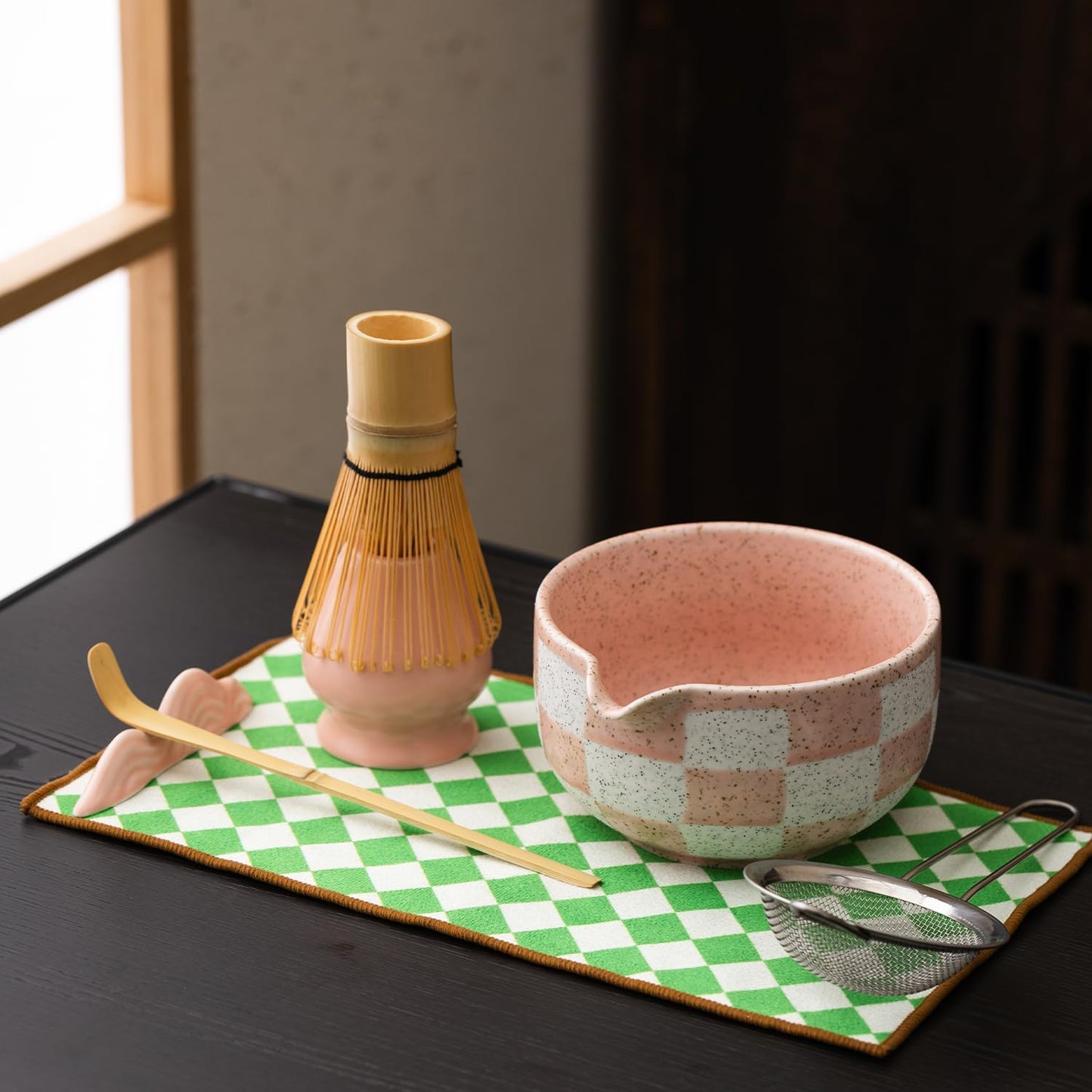 Premium 7-Piece Matcha Tea Set – Traditional Japanese Style with Elegant Grid Pattern, Includes Bamboo Whisk, Ceramic Bowl, Scoop & More – Perfect for Matcha Lovers & Tea Ceremony (Orange grid)