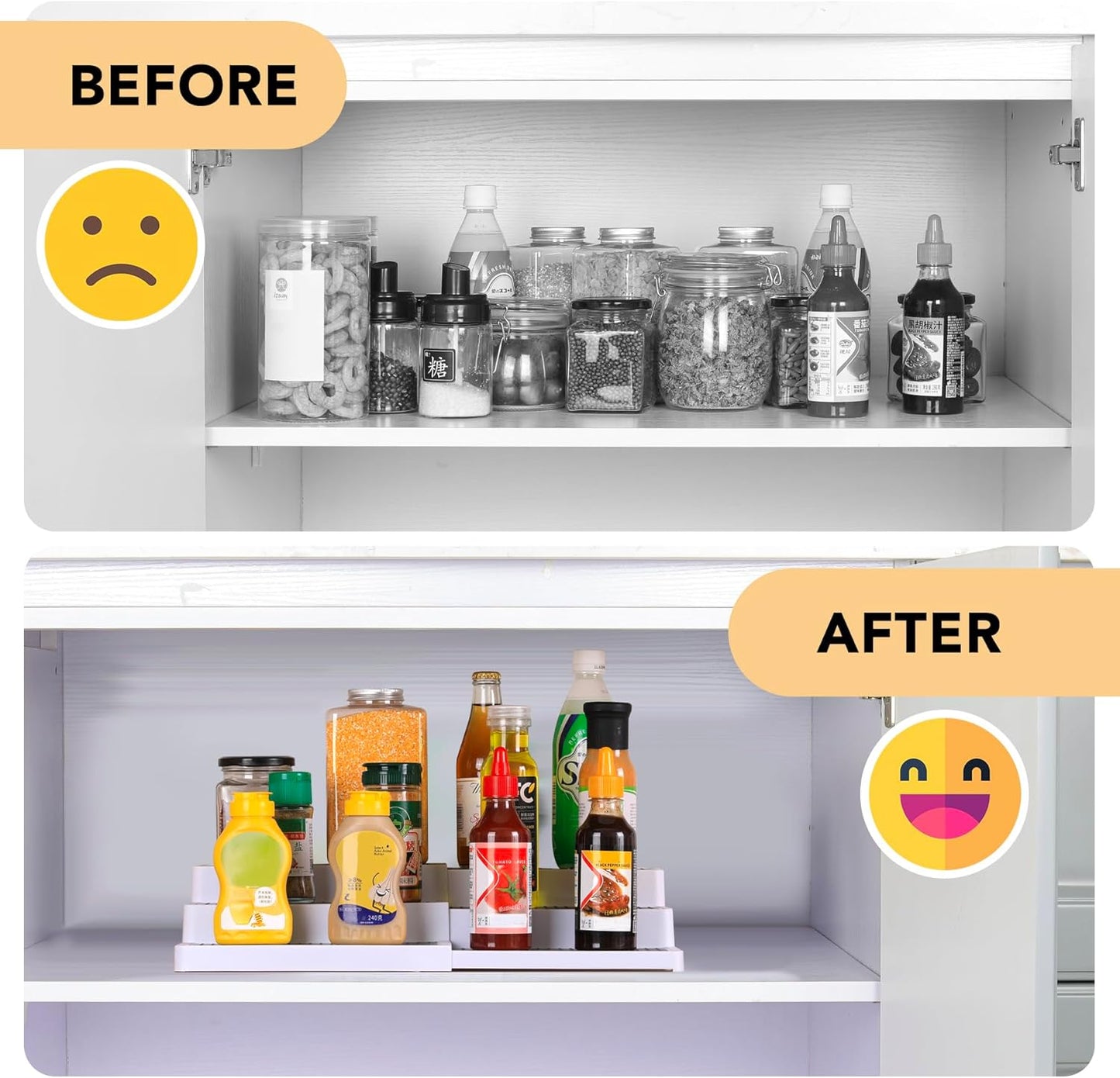 CiWiVOKi 3 Tier Expandable Spice Rack Organizer, White/Grey Plastic Spice Rack, Adjustable Length 14.6In-25.8In, 2 Pack Non-Skid Tiered Spice Shelf Organizer for Kitchen Cabinet, Cupboard, Pantry