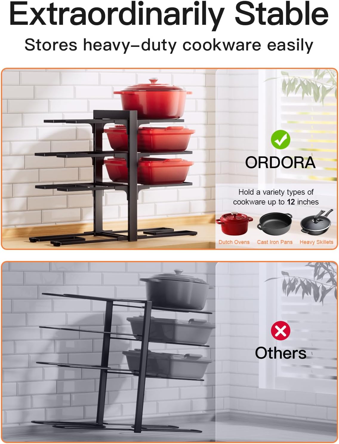 ORDORA Pots and Pans Organizer for Cabinet 16.61 Height, 8 Tier Pot Organizers Rack with 3 DIY Methods, Adjustable Pan Organizer under Cabinet Kitchen Organization and Storage