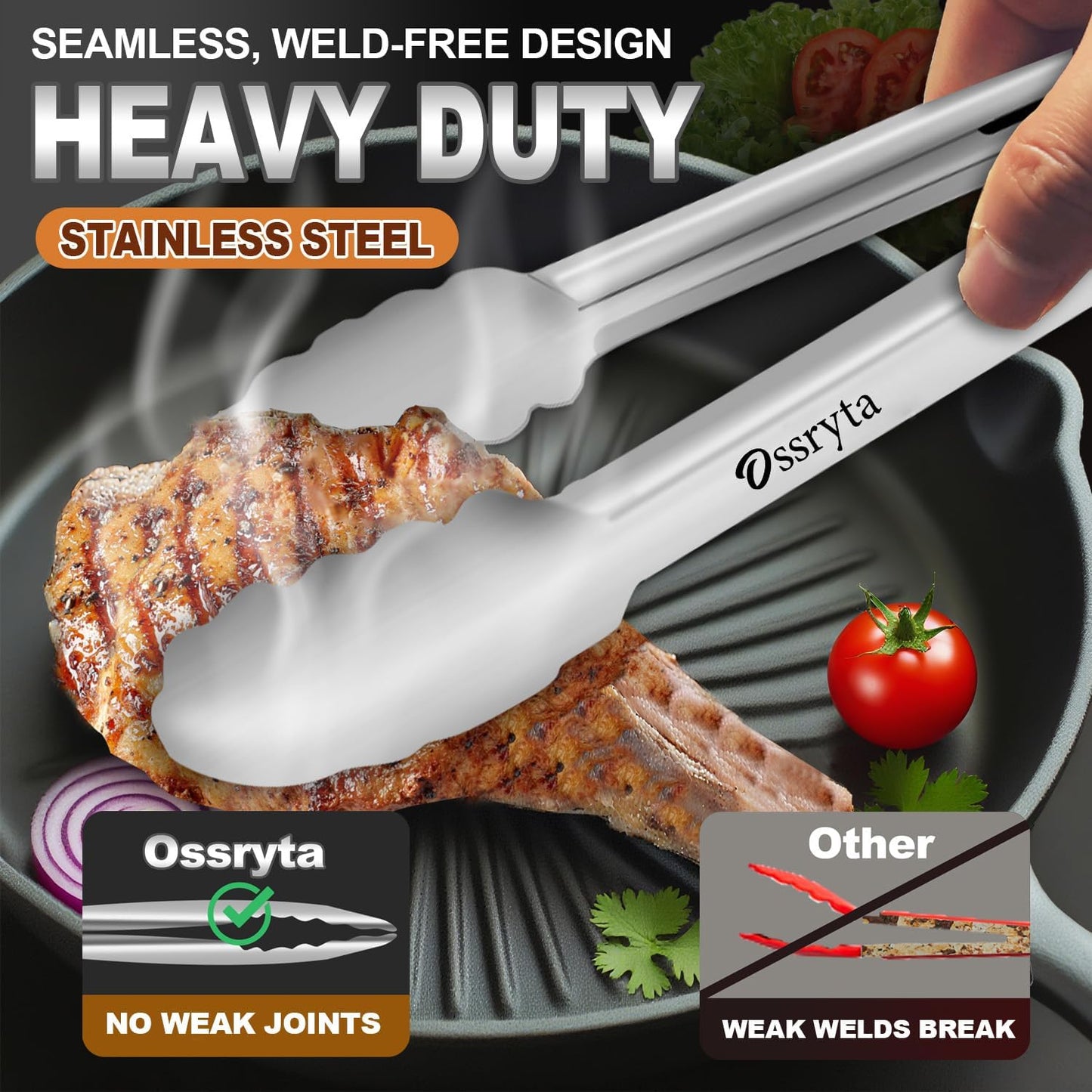 Stainless Steel Cooking Tongs Set of 3 - Heavy Duty 12/9/7 Inch Locking Tongs, Heat Resistant to 600 Degrees, Food Grade Kitchen Metal Tong for Food, Salad, & BBQ - Dishwasher Safe