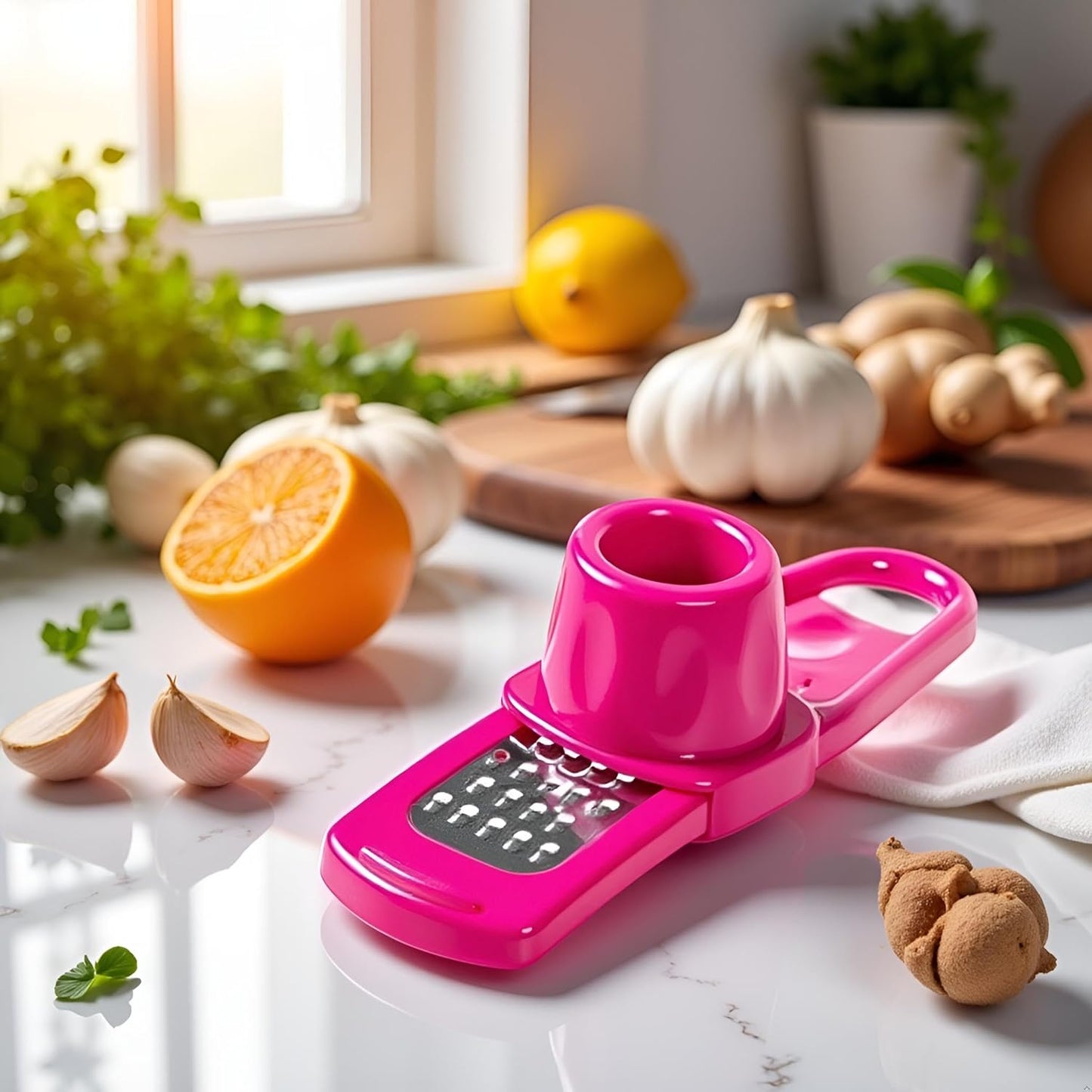 Mini Multifunction Garlic Ginger Grater Tool,Nutmeg Grinder,Kitchen Manual Fruit Vegetable Nuts Chopper Grinder,Graters Peeling,Grating and Slicing Tools (Rose Red)