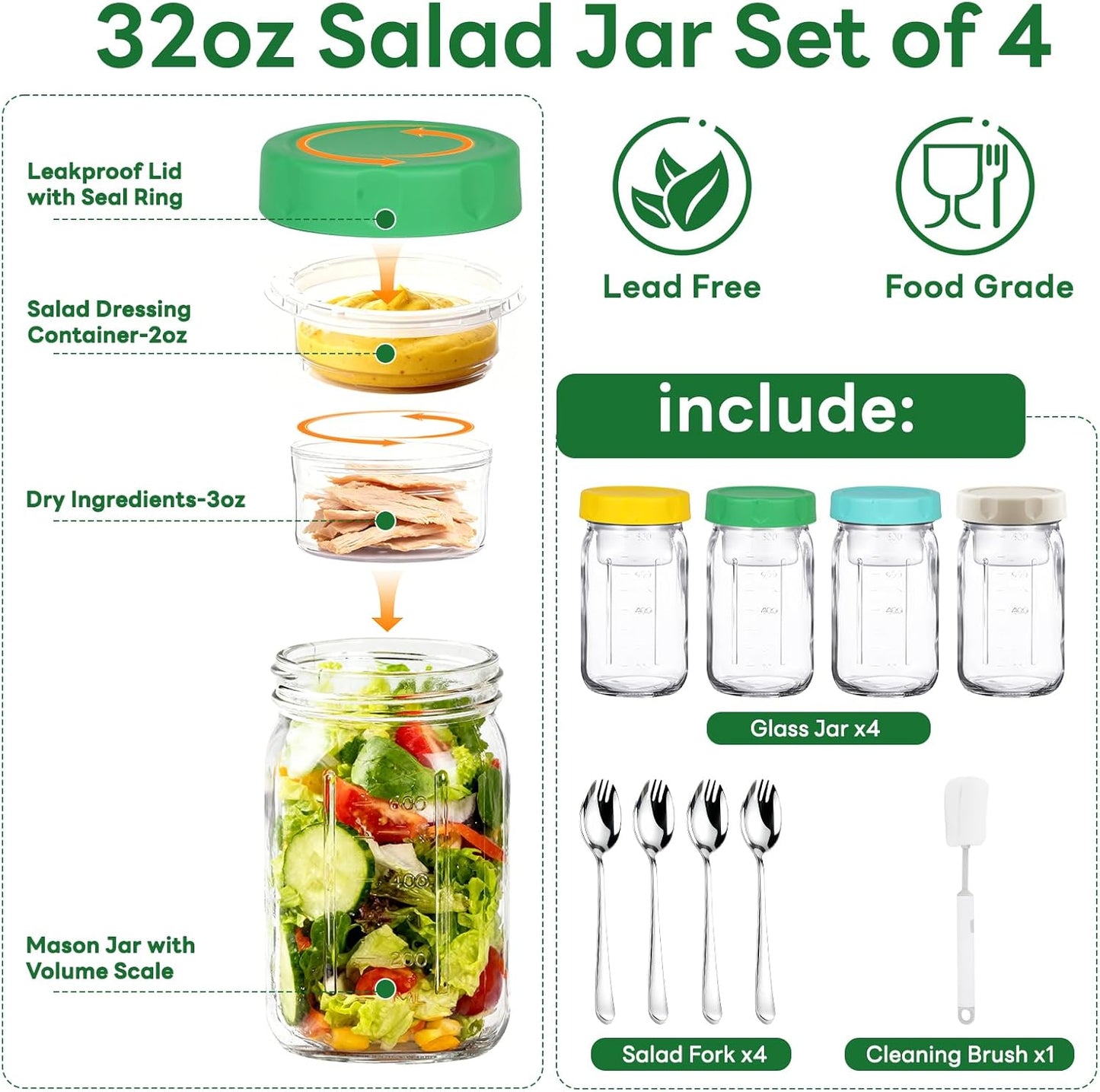 XLMYS 4 Pack Salad Jar, 32oz Salad Jars with Separate Wet/Dry Dressing Cup, Leakproof Salad Container for Lunch, Glass Food Storage for Home, Office and Outdoor