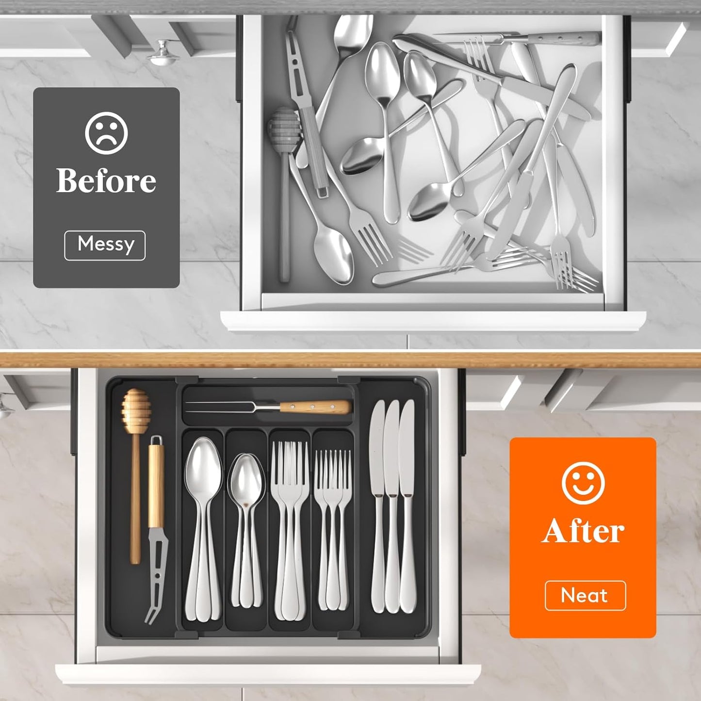 Lifewit Silverware Drawer Organizer, Expandable Utensil Tray for Kitchen, BPA Free Flatware and Cutlery Holder, Adjustable Plastic Storage for Spoons Forks Knives, 11-18 x 14", Black
