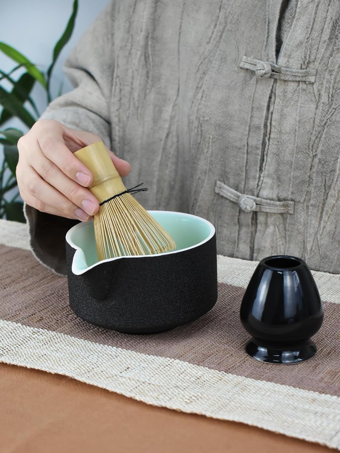 Artcome 4 Pcs Complete Matcha Ceremony Kit - Japanese Bowl With Pouring Spout, Whisk, Holder, Scoop - Tea Set for Making Usucha, Koicha and Latte (Green)