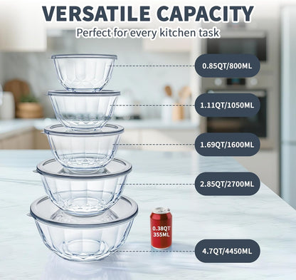 Luvan Glass Mixing Bowls with Lids Set(4.5QT, 2.7QT, 1.1QT)-Large Glass Mixing Bowls, Clear Salad Bowl for Baking, Cooking, Serving, Food Prep, 3PC Nesting Bowls for Kitchen Storage & Dishwasher Safe