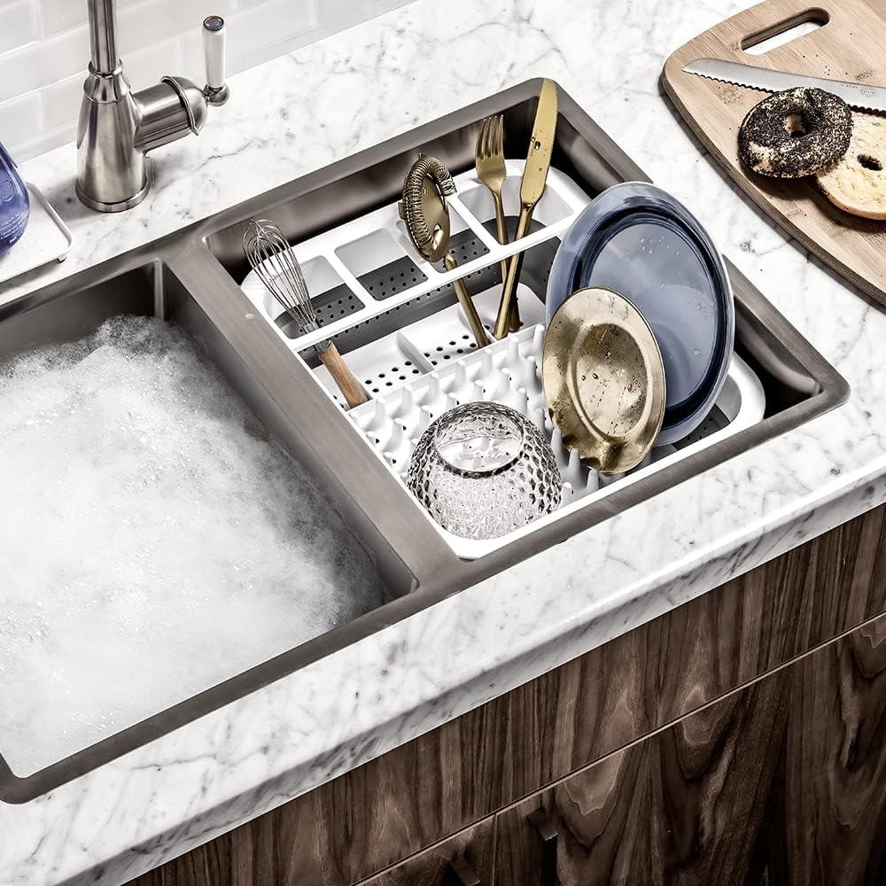 madesmart Collapsible Wash Basin, Foldable Sink Basin for Washing Dishes, Bowls, Cutlery & Produce, Space-Saving Pop-Up Design with Easy-Grip Handles, Portable Kitchen & Camping Basin, White