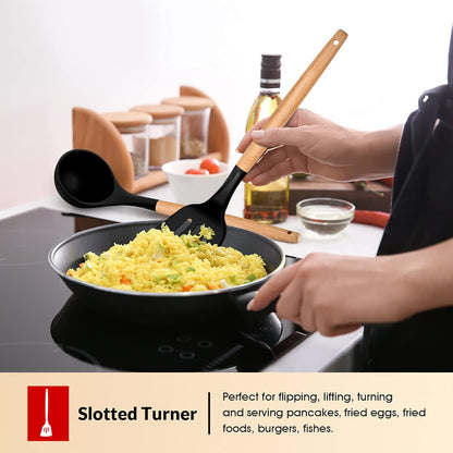 E-far Cooking Utensils Set of 6, Silicone Kitchen Utensils with Wooden Handle, Non-stick Cookware Friendly & Heat Resistant, Includes Spatula/Ladle/Slotted Turner/Serving Spoon/Spaghetti Server(Khaki)