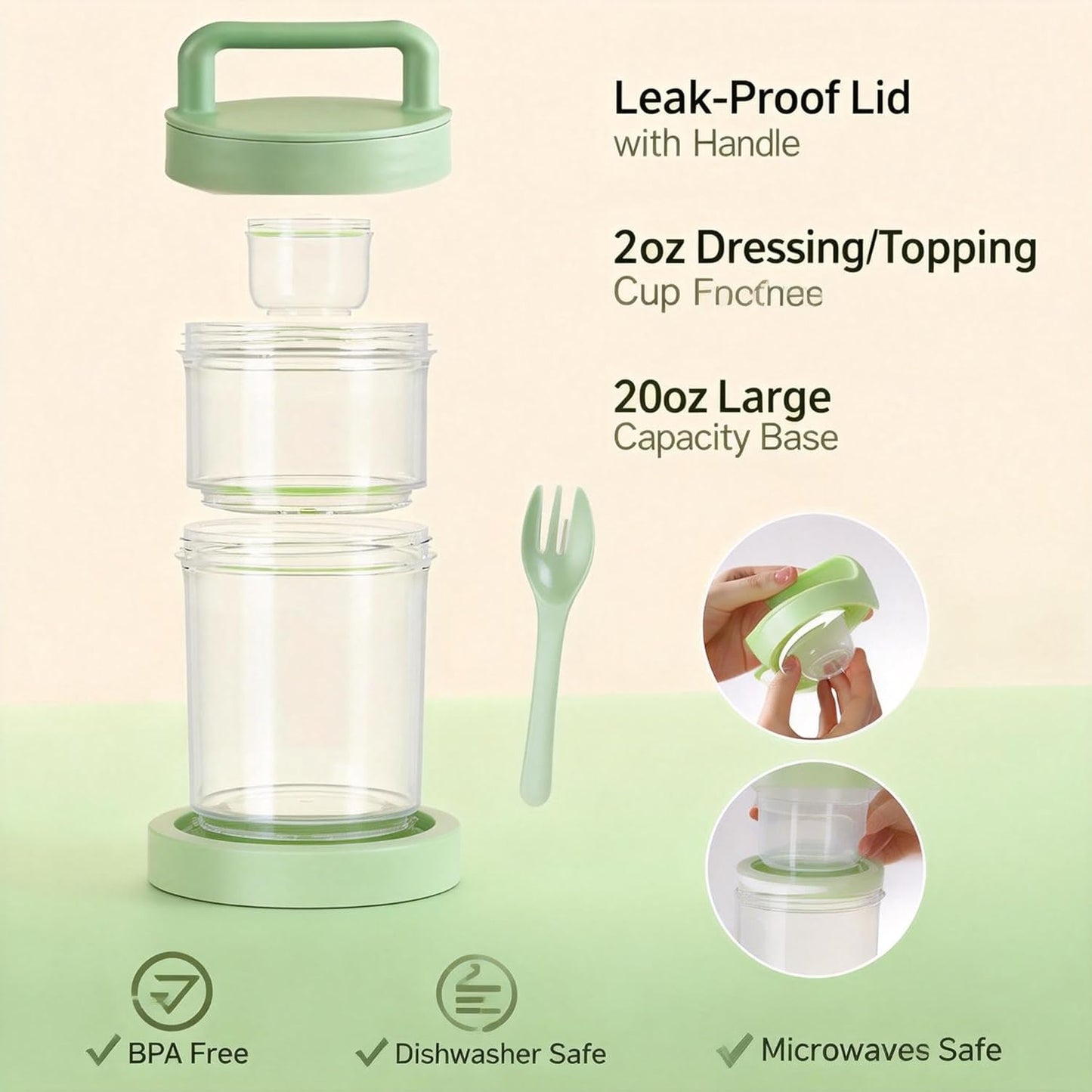 4 Pack Salad Cup with Dressing Container and Spoons - Portable Plastic Salad Prep Containers to Go - Leak-Proof Yogurt Parfait Cups - 2-Tier Meal Prep Containers for Breakfast & Lunch, Office, School