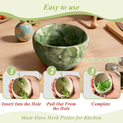 Pottery Herb Stripper Bowl, Ceramic Herb Stripper, Handmade Leaf Removal Cup with Different Sized Round Holes for Parsley, Cilantro, Rosemary & Salad Cooking(Blue)