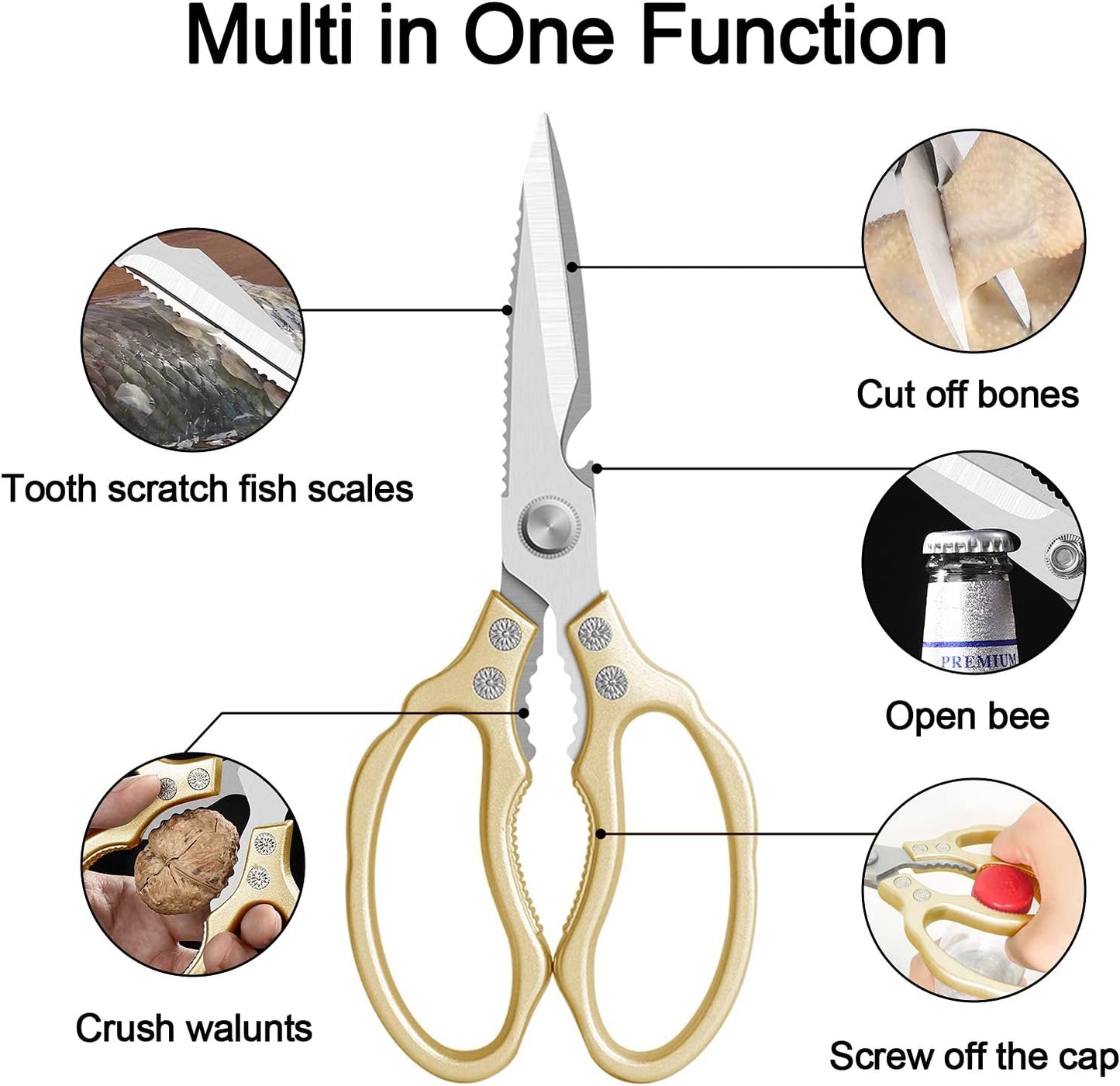 CGBE Kitchen Scissors, Multi-Purpose Kitchen Shears, Heavy Duty Dishwasher Safe Food Scissors for Chicken, Poultry, Fish, Meat & Herbs with Non-Slip Grips - Sliver