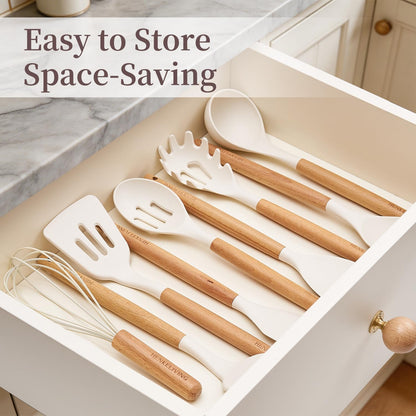 Silicone 10 Pcs Kitchen Cooking Utensils Set, Recycled Materials Certification, BPA Free Spatula Set with Heat Resistant Wood Handles for Nonstick Cookware, Cream White