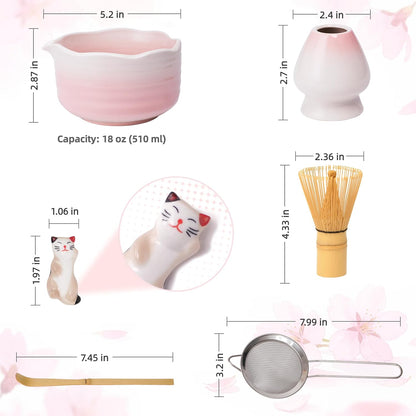 6-Piece Matcha Whisk Set Pink, 18oz Matcha Bowl with Spout, Bamboo Whisk and Chasen Holder, Pink Matcha Kit, Cute Macha Gift Set for Women & Matcha Lovers Starters, Mother's Day Gift