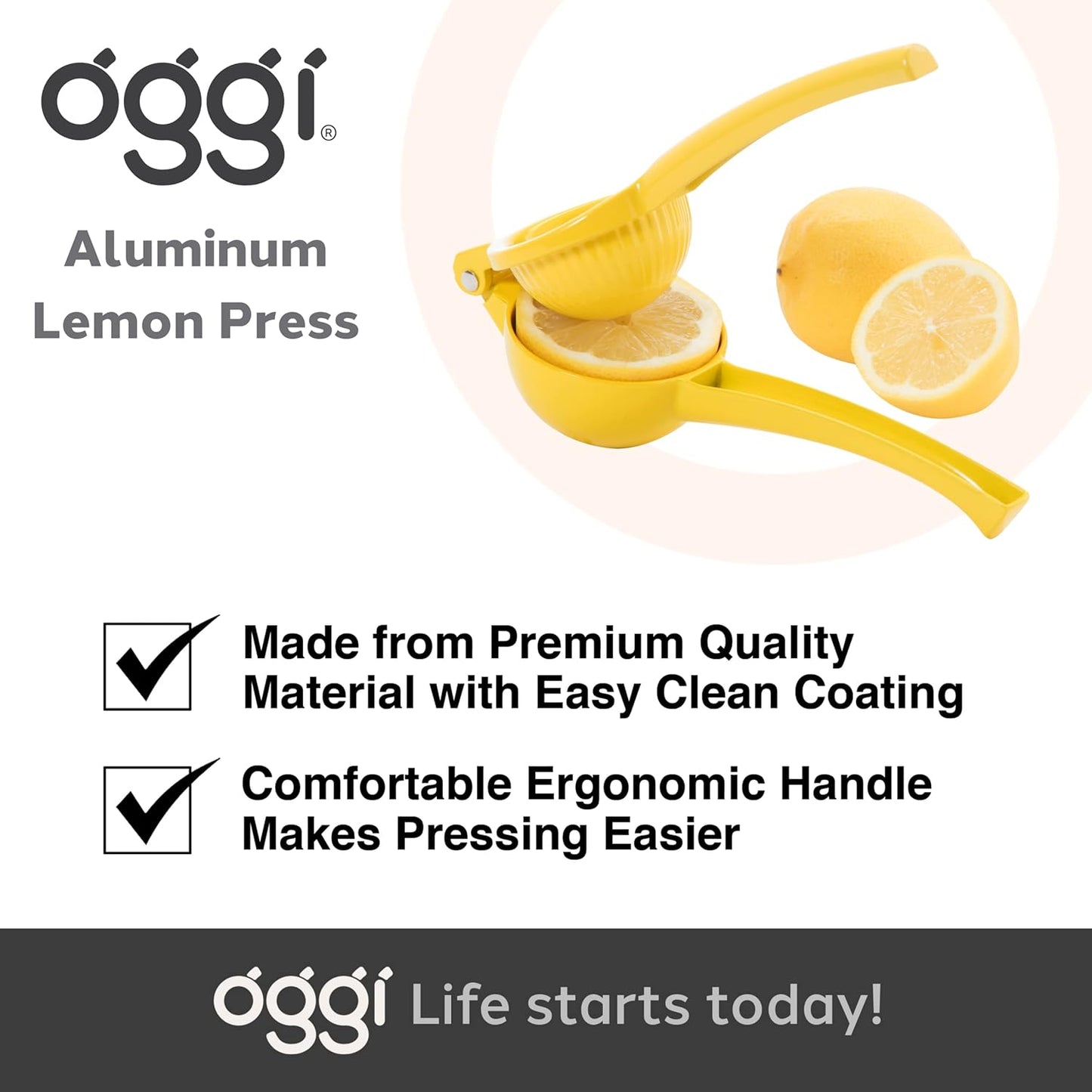 OGGI Combo Citrus Press- Aluminum Manual Citrus Juicer w/Non-Stick Coating, Ideal Hand Juicer, this Citrus Squeezer is a Great Addition to Your Kitchen Accessories, Yellow