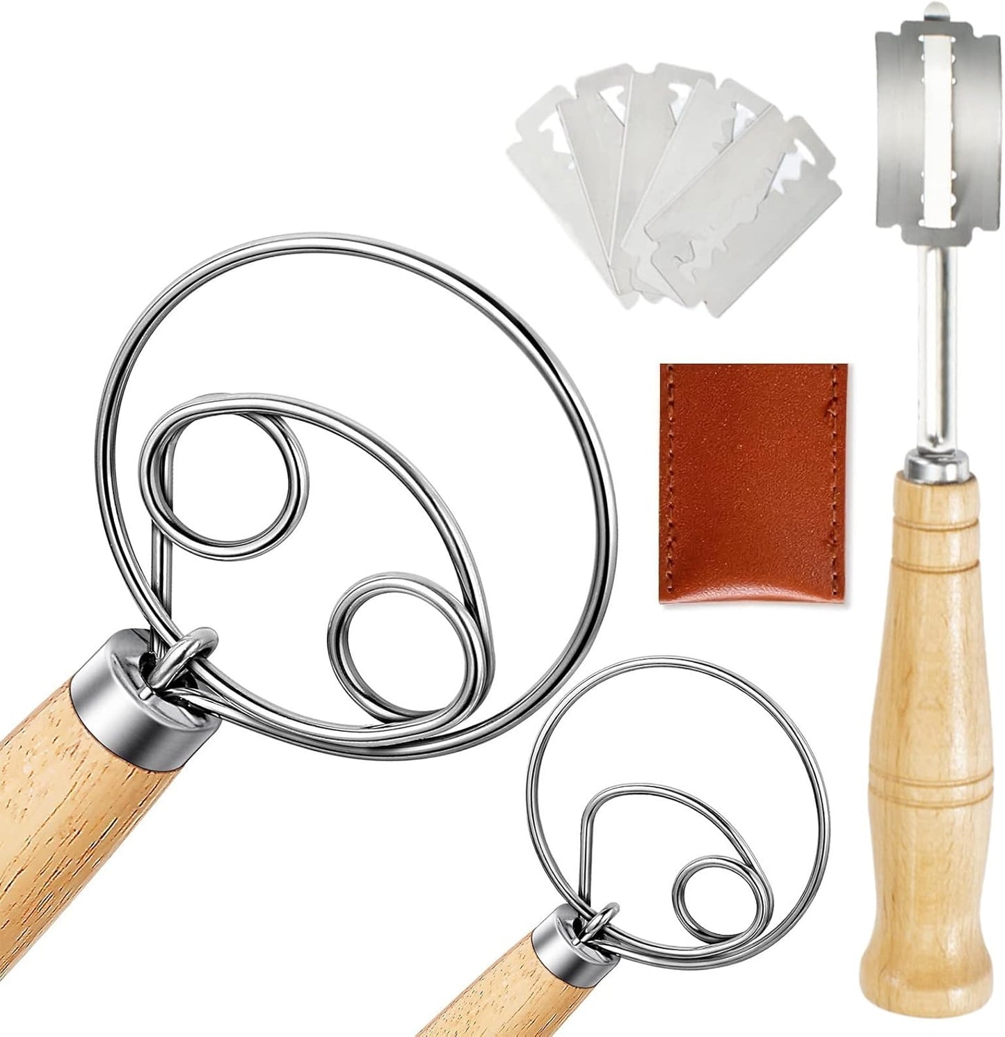 Danish Dough Whisk 2Pcs, Dutch Bread Whisk Hook, 13 Inch Premium Pastry Whisks, Wooden Hand Mixer, Stainless Steel Sourdough Baking Tools for Bread, Batter, Cake and More