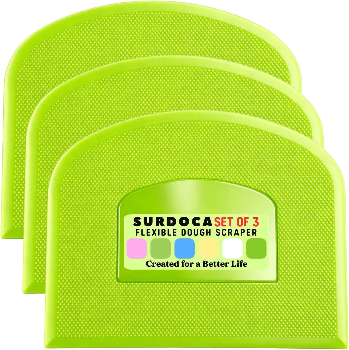 SURDOCA Dough Scraper Bench Scraper - 3P 4.7x3.7" Plastic Flexible Bowl Scraper, Sharp Edge & Angles Cake Scraper. Non-Slip Bakeware Decorating Tools Sculpting & Modeling Tools - Green+White+Green - Colors B