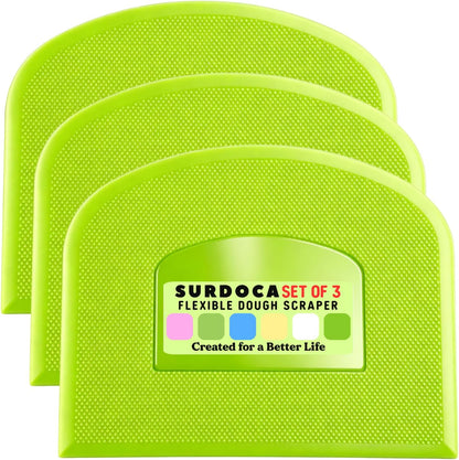 SURDOCA Dough Scraper Bench Scraper - 3P 4.7x3.7" Plastic Flexible Bowl Scraper, Sharp Edge & Angles Cake Scraper. Non-Slip Bakeware Decorating Tools Sculpting & Modeling Tools - Green+White+Green - Colors B