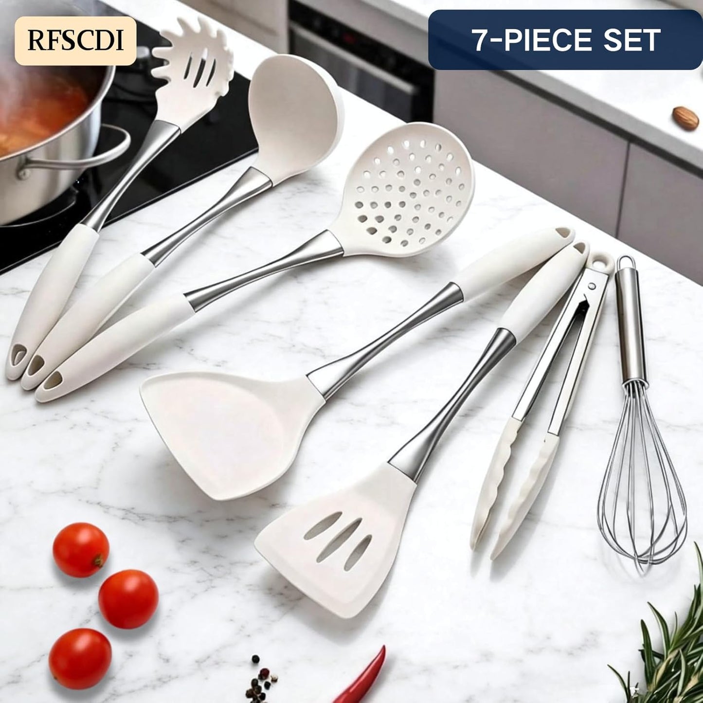 Elegant White Gold Silicone Cooking Utensils Set - Non-Toxic, Dishwasher Safe Kitchen Utensils Set with Heat Resistant Comfort Handles - Includes Spatula & Spoon for Nonstick Cookware