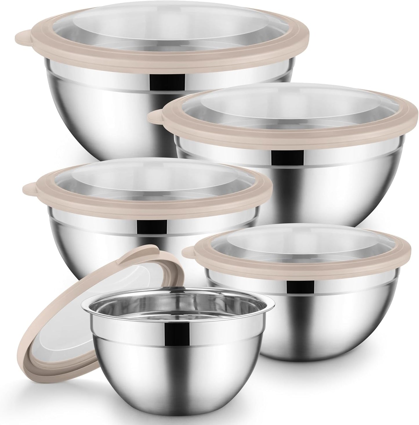 Onader Mixing Bowls with Lids Set of 6, Large Metal Nesting Mixing Bowls, Stainless Steel Non-Slip Salad Bowl Khaki – Size 1, 1.5, 2, 2.6, 3.5, 7QT