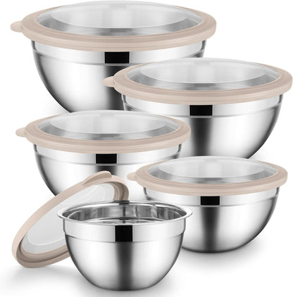 Onader Mixing Bowls with Lids Set of 6, Large Metal Nesting Mixing Bowls, Stainless Steel Non-Slip Salad Bowl Khaki – Size 1, 1.5, 2, 2.6, 3.5, 7QT