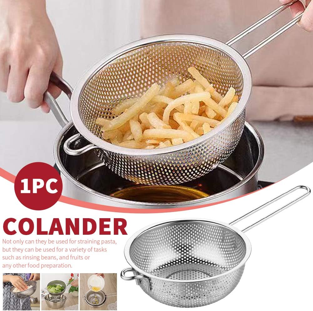 Stainless Steel Colander Fine Mesh Colander with Long Handle, Kitchen Metal Food Strainers with Resting Feet for Strain, Rinse, Fry, Steam or Cook Vegetables & Pasta & Wash fruits(COLOR:silver)