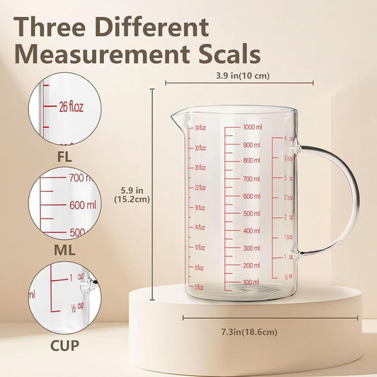 WhiteRhino Glass Measuring Cup,6Cup/1500ml/50oz Liquid Measuring Cups, Measuring Cup With Handle and V-Shaped Spout, Glass Beaker with Three Scales (OZ, Cup, ML), Dishwasher/Freezer/Microwave Safe