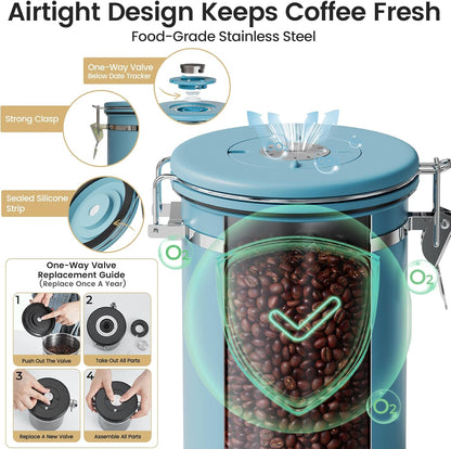 Veken Coffee Canister with Window,Airtight Stainless Steel Pantry Container,Home Kitchen Food Storage Organizers for Ground,Beans,Espresso,Rice,Tea,Sugar,Cereal, Decor,Bar Accessories,Gifts,22OZ,Black