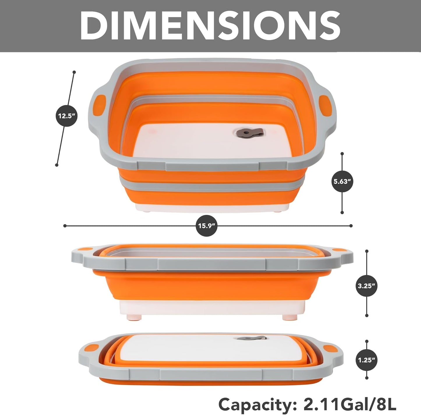 Collapsible Cutting Board(2.11 Gal/8L), BBQ Prep Tub with Locking Lid, Foldable Camping Sink with Colander, Multifunction Dish Basin for Kitchen, Bowl, Vegetable and Fruit, Storage Basket for Picnic