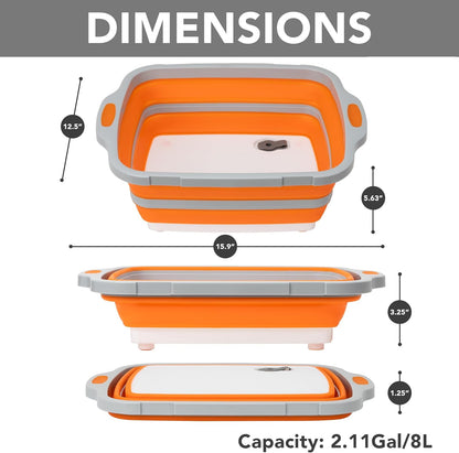 Collapsible Cutting Board(2.11 Gal/8L), BBQ Prep Tub with Locking Lid, Foldable Camping Sink with Colander, Multifunction Dish Basin for Kitchen, Bowl, Vegetable and Fruit, Storage Basket for Picnic