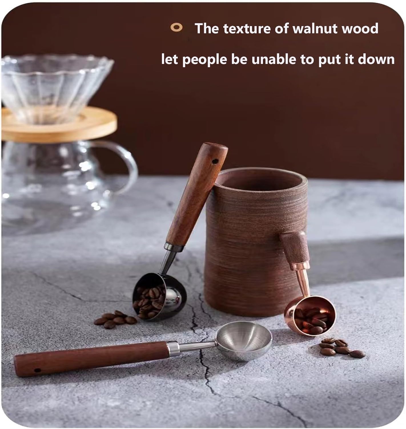 Vintage Coffee Measuring Spoon - 304 Stainless Steel, Coffee Scoop，10g Capacity, Walnut Handle - Perfect for Coffee, Tea, and More (Rose Gold)