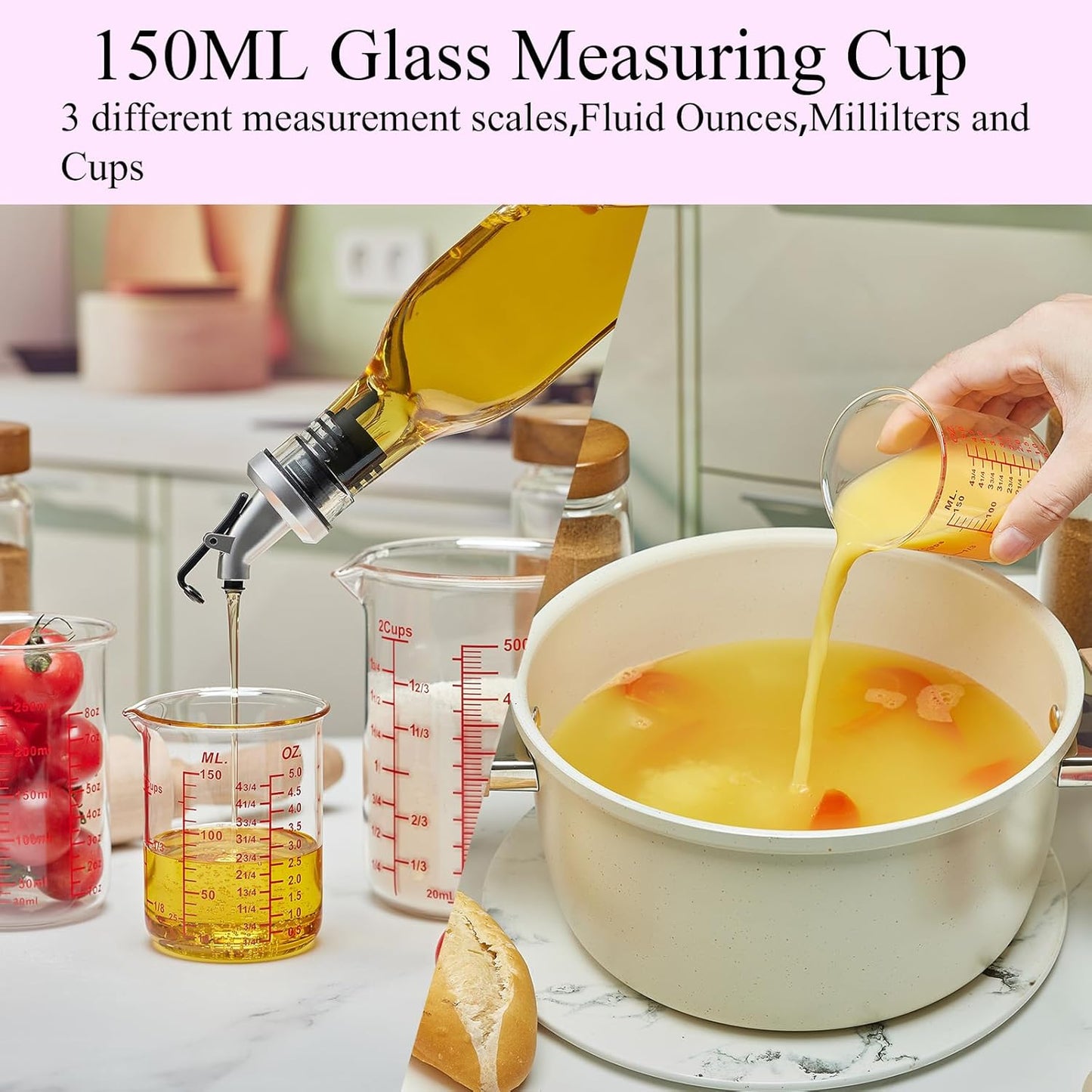 High Borosilicate Glass Measuring Cup-V-Shaped Spout，Glass Measuring Beaker for Kitchen or Restaurant, Easy to Read, 60 ML (2 Oz)-Pack of 2