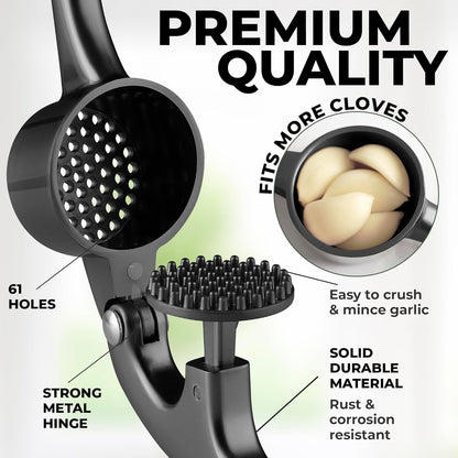 Zulay Kitchen Premium Garlic Press Set - Rust Proof Professional Garlic Mincer Tool - Easy-Squeeze, Easy-Clean with Soft, Ergonomic Handle - Silicone Garlic Peeler & Brush (Silver)