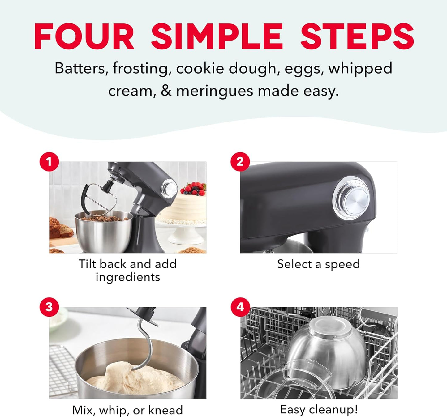 Dash 3.5QT Tilt-Head Stand Mixer - Electric Stand Mixer with Stainless Steel Bowl and Splash Guard For Baking - Cream, 3.5-Quart