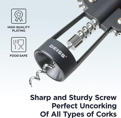 Deiss PRO Wing Corkscrew Wine Opener - 2 in 1 Wine Corkscrew and Beer Opener - The Easiest Way to Open Wine Bottle Corks - Reliable and Sturdy Wine Opener - Wine Bottle Opener