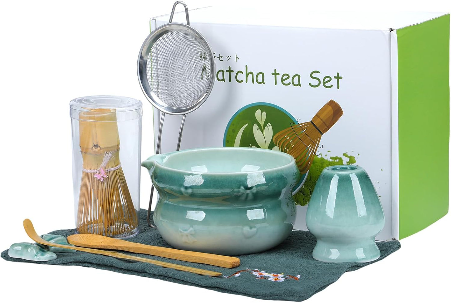 8 Pcs Matcha Whisk Set, Ceramic Matcha Japanese Tea Set Includes 16oz Bowl, Whisk and Holder, Bamboo Scoop and Spoon, Scoop Rest, Sifter and Towel, Green Glaze Making Kit for Tea Lovers
