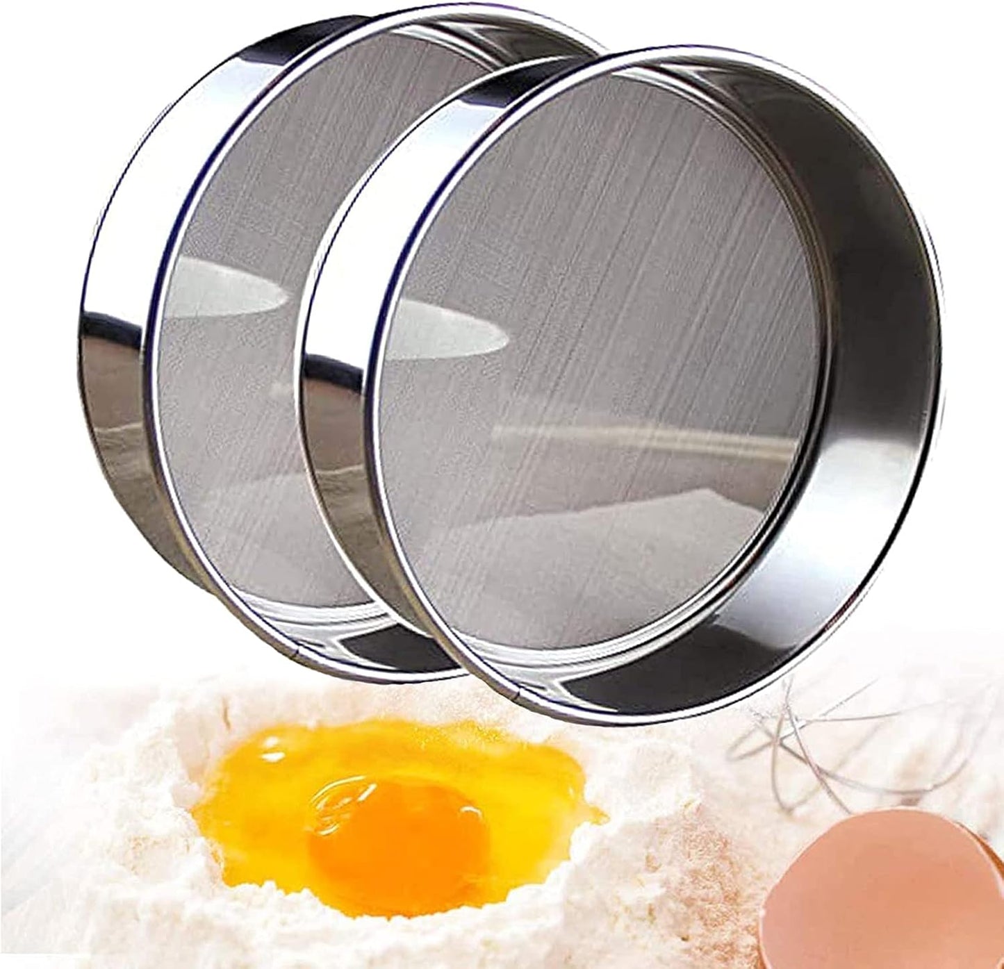 ADESUGATA 2 pack (60/40 Mesh) Professional 6/8/9.5 Inch, Round Flour Sifter for Baking - Flour Sieve Fine Mesh - Premium Rustproof Stainless Steel (8" (20 CM))