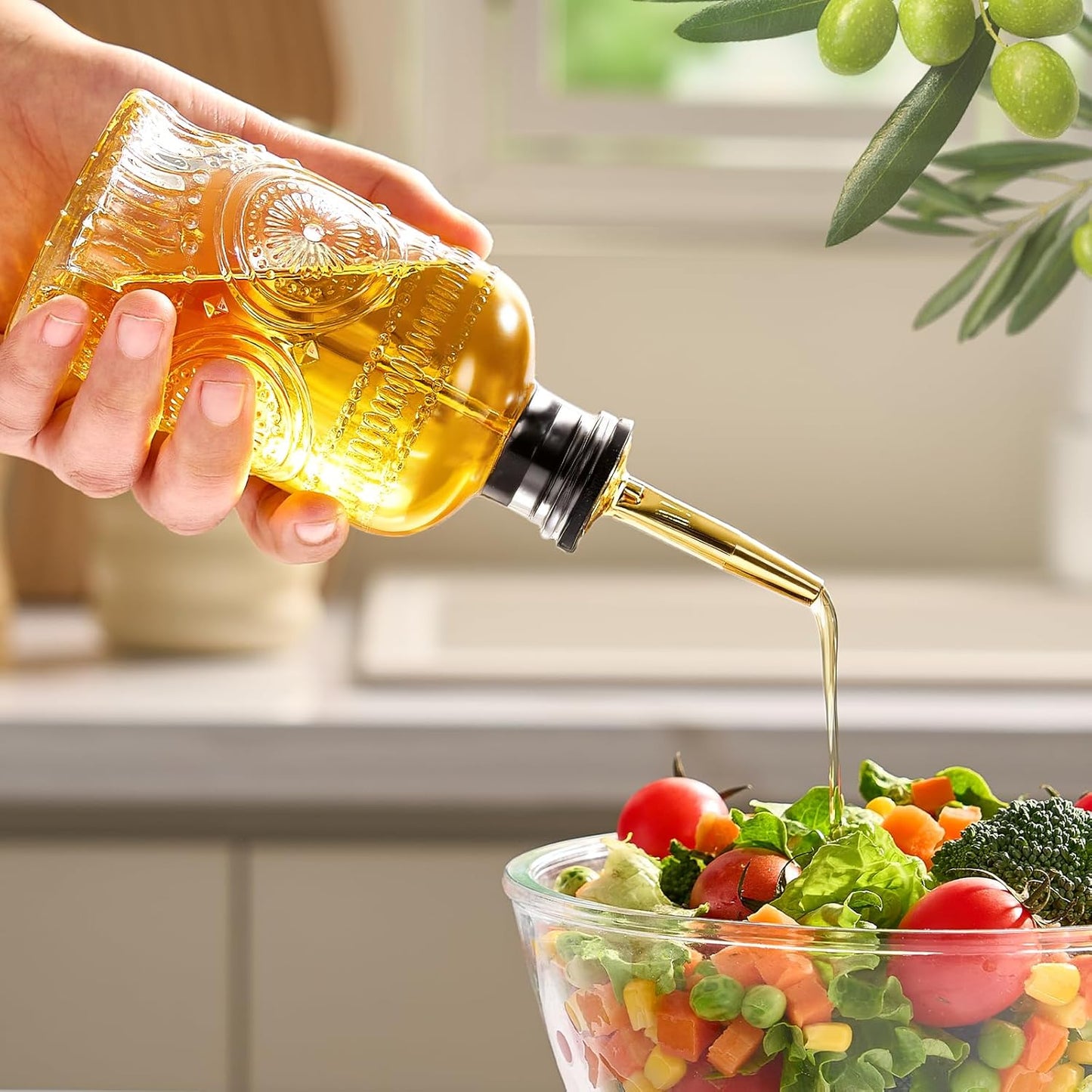 Baalaka Glass Oil Bottles 7OZ, Olive Oil Dispenser Bottle for Kitchen with Metal Spout, Elegant Glass Cooking Dispenser for Kitchen