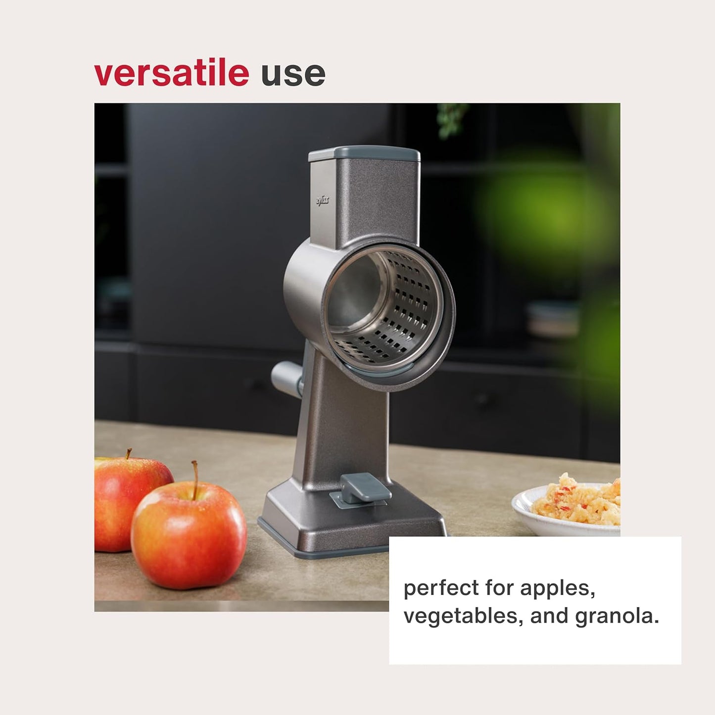 Zyliss Rotary Cheese Grater, Aluminium, 3 Steel Drum Blades, Cheese, Vegetable, Chocolate, Nut, Fruit Grater with Handle, Non-Slip Suction Foot and Table Clamp, 5 Year Guarantee