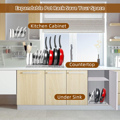Pot Rack Organizer -Expandable Pot and Pan Organizer for Cabinet,Pot Lid Organizer Holder with 10 Adjustable Compartment for Kitchen Cabinet Cookware Baking Frying Rack,Bronze
