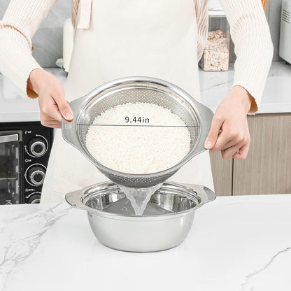 Paoli 304 Stainless Steel Fine Mesh Colander Set, 1.5QT Large Capacity Strainer with Mixing Bowl — Rinse Fruits, Veggies, Rice & Drain Pasta, Dishwasher Safe (2-Piece)