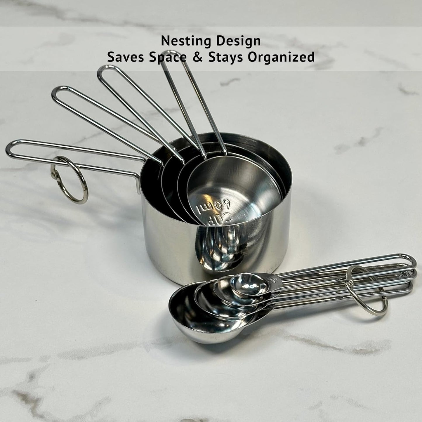 Silver Stainless Steel Measuring Cups and Spoons Set, 8 Piece, Engraved Measurements, Durable Nesting Kitchen Set